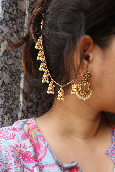 Gold jhumka deals with ear chain