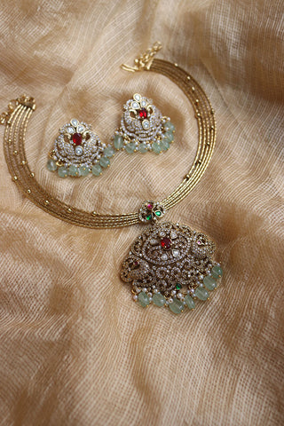 Kundan Red Peacock Hasli style set