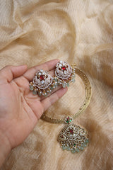 Kundan Red Peacock Hasli style set