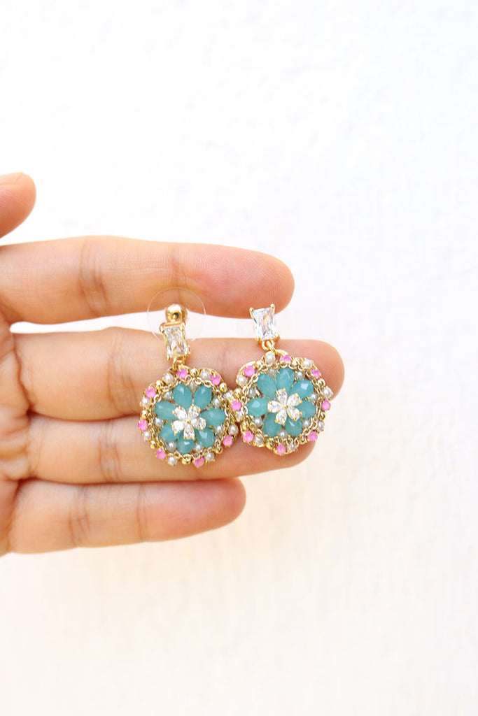 Pastel Blue & Pink Beaded Handcrafted Kundan Earrings - FEMIZEN - 3815815