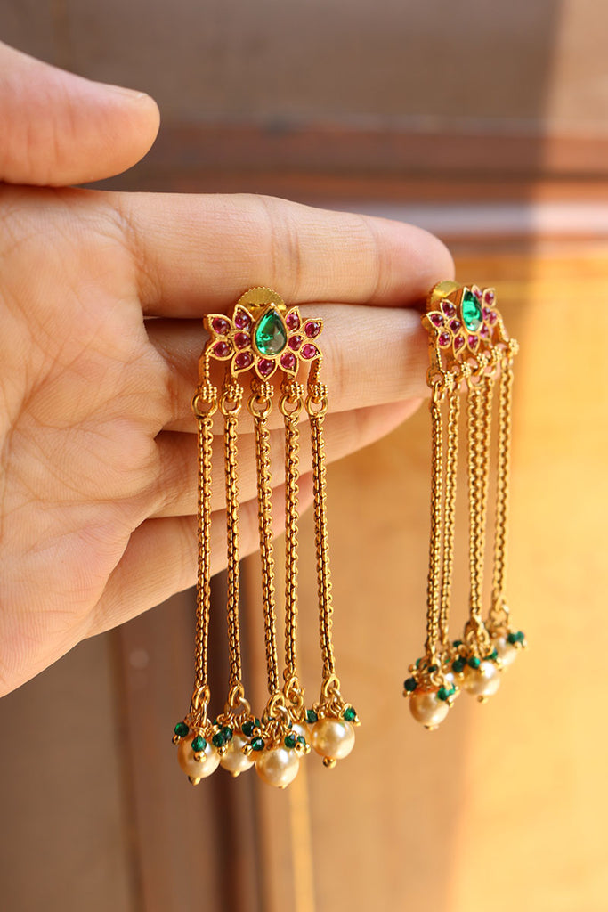Ruby Green Lotus Chain Earrings