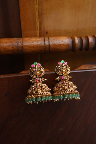 Jadau Antique Temple Green Beads Jhumkas