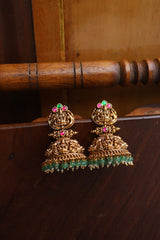Jadau Antique Temple Green Beads Jhumkas