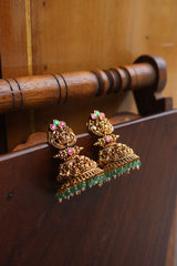 Jadau Antique Temple Green Beads Jhumkas
