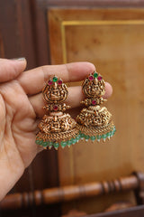 Jadau Antique Temple Green Beads Jhumkas