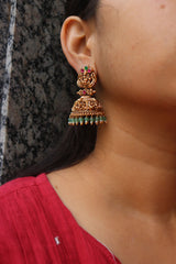 Jadau Antique Temple Green Beads Jhumkas