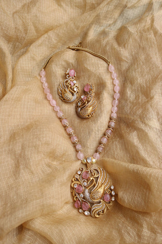 Pink Peacock Polki Pendant Set