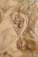 Pink Peacock Polki Pendant Set