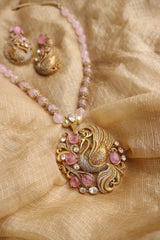 Pink Peacock Polki Pendant Set