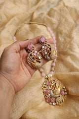 Pink Peacock Polki Pendant Set