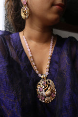 Pink Peacock Polki Pendant Set