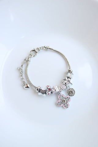 Silver Pink flower Charm Bracelet