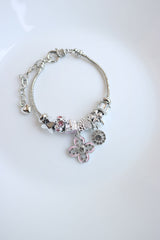 Silver Pink flower Charm Bracelet