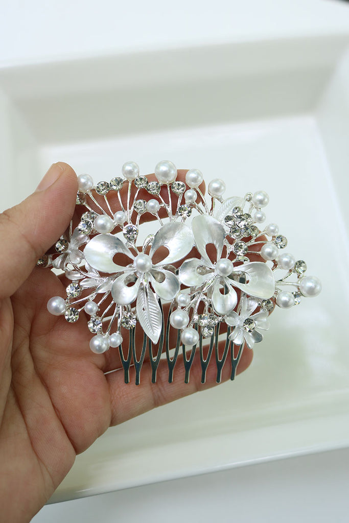Pearl Flower Silver tone Comb Pin