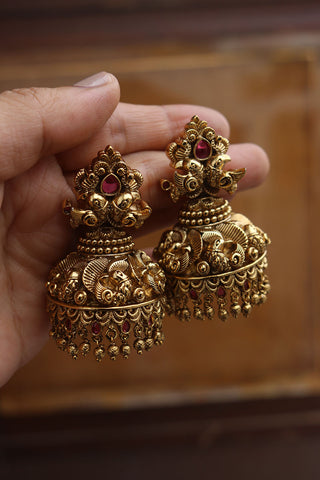 Intricate Bird Ruby Jhumkas