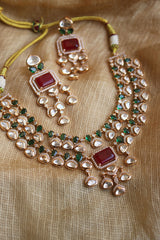 Two Layer Polki Emerald Close Neck Set
