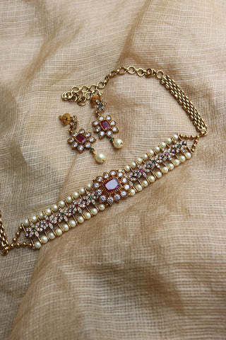 Ruby AD Flower Pearl Choker