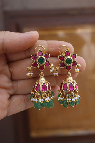 Jadau Flower Ruby Green Jhumkas