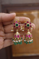 Jadau Flower Ruby Green Jhumkas