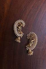 Peacock Leaf White AD Full Ear Jhumkas