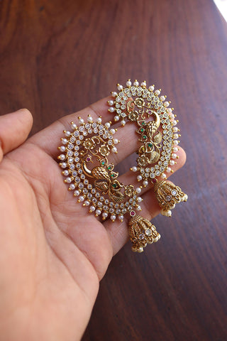 Peacock Leaf White AD Full Ear Jhumkas