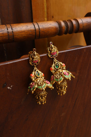 Enamel Lakshmi Double Jhumka Earrings