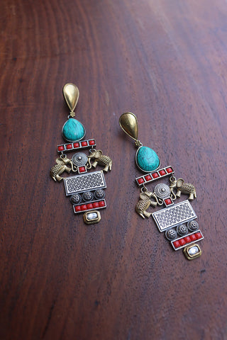 Coral Haathi Turquoise Earrings