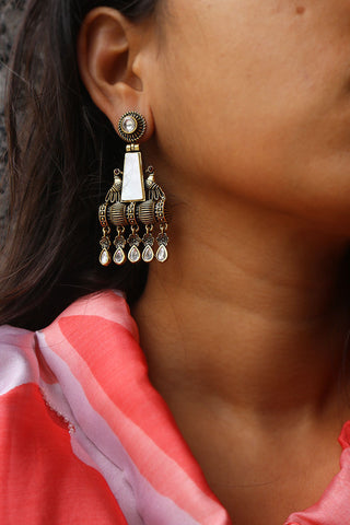 Dull Gold Peacock Trapeze Earrings