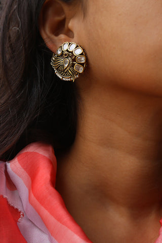 Dull Gold Bird Kundan Studs