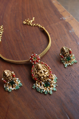 Coral Flower Lakshmi Close Neck Set