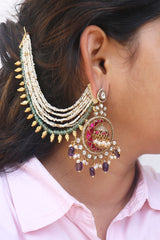 White beads Green Leaf Ear chain