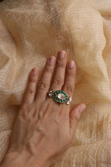 Green Leaf Dual Finger Kundan Ring