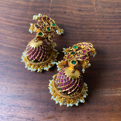 Ruby Green Matte Peacock Grid Jhumkas