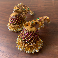 Ruby Green Matte Peacock Grid Jhumkas