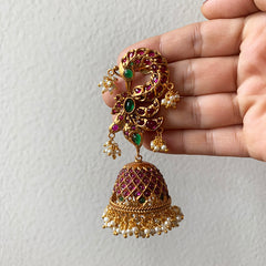 Ruby Green Matte Peacock Grid Jhumkas