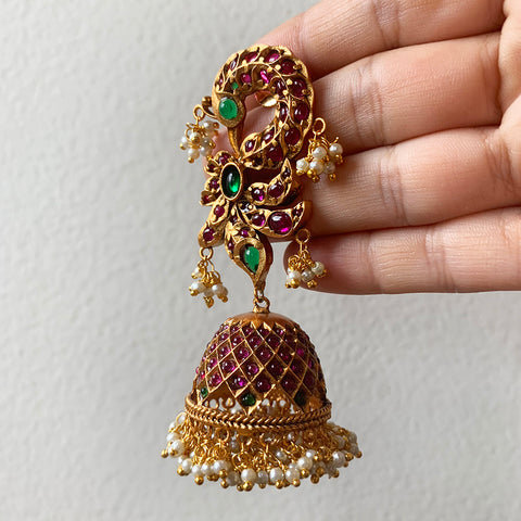 Ruby Green Matte Peacock Grid Jhumkas