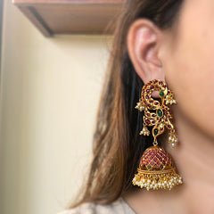 Ruby Green Matte Peacock Grid Jhumkas