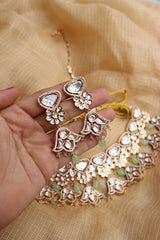 Pastel Green Kundan Flower Set with Teeka