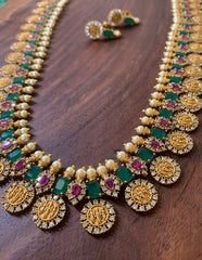 Long Coin Lakshmi Matte AD Necklace