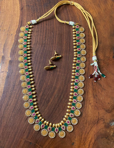 Long Coin Lakshmi Matte AD Necklace