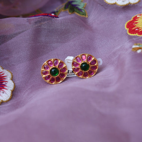 92.5 Silver Round Flower Ruby Green studs