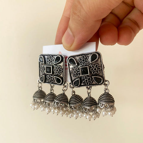 Oxidised Rustic Square Tri Jhumka Earrings