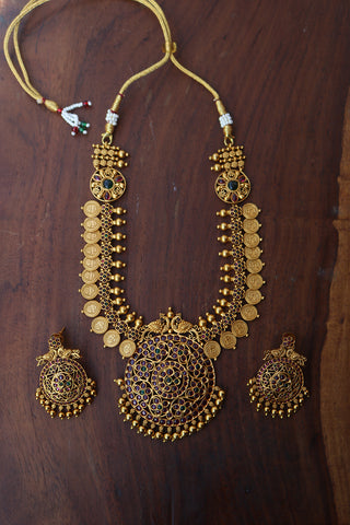 Matte Ruby Green Peacock Coin Necklace