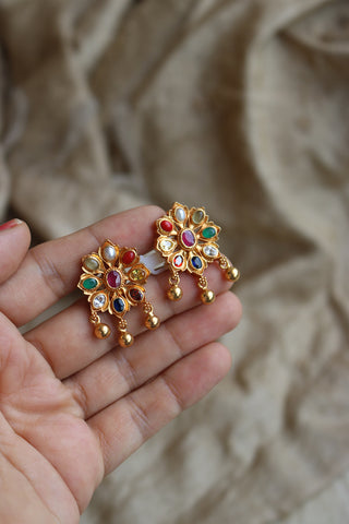 92.5 Silver Oval Flower Navratna Gold Drops
