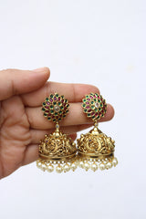 Ruby Green Square Maala and Sunflower Jhumkas
