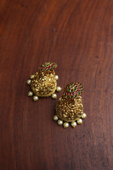 Ruby Green Square Maala and Sunflower Jhumkas