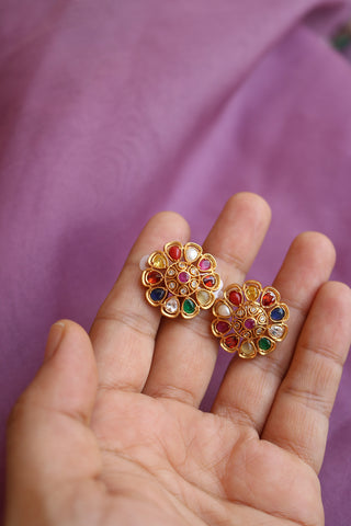 92.5 silver Navratna Tear Flower Studs