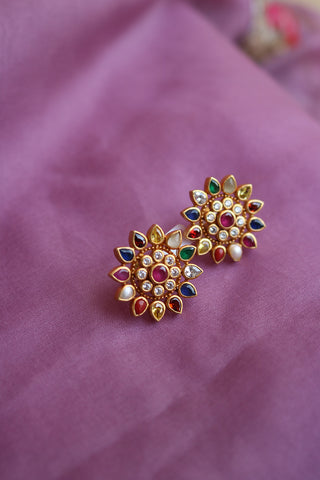 92.5 Silver Navratna Sunflower Studs