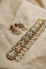 Navratna Rectangle Peacock Ornamental Choker Set