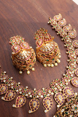 Paisley Ruby Green Elegant Short Set with Jhumkas